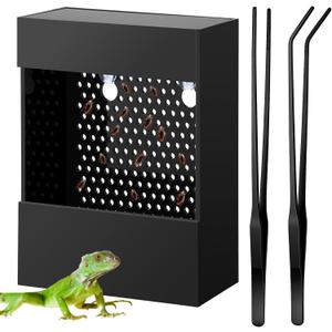 Geyoga Bearded Dragon Feeder with Suction Cups and 2 Tweezers Chameleon Bug Bowl Bug Feeder for Bearded Dragon Acrylic Reptile Feeding Box Tank and Aquarium Accessories for Lizard Gecko Frog(Black)
