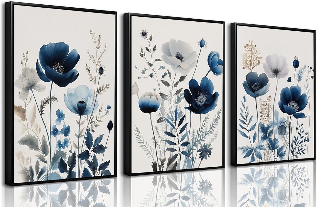 BingruiArt Navy Blue Wall Art Canvas Abstract Floral Painting Blue and Gray Posters Watercolor Flower Decor Wildflower Pictures Botanical Prints for Living Room Bedroom Bathroom 3 Pcs 16"x24" Black Framed