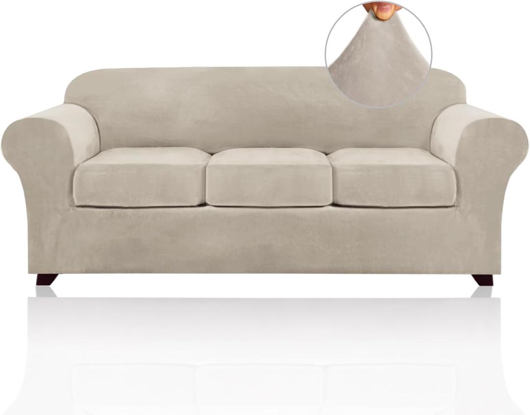 PrinceDeco Velvet Couch Covers for Sofa Soft 4 Pieces Couch Covers for 3 Cushion Couch Sofa Pet Friendly Furniture Protector with Non Slip Elastic Bottom Width Up to 90 Inch (Large, French Oak)