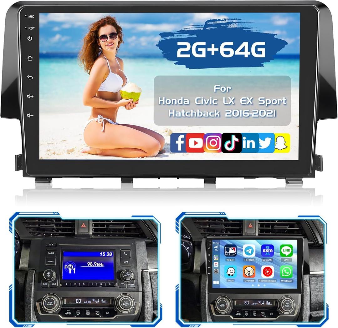 2+64G Radio for Honda Civic LX EX Sport Hatchback 2016-2021 Car Stereo CarPlay Android 15 9'' Touch Screen Android Auto, AHD Backup Camera, Bluetooth, GPS