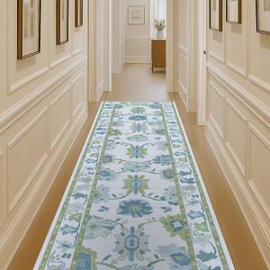Fame Living Green Oushak Runner Rug, Modern Runners, Vintage, Turkish, Eclectic, Floral, Pastel, Washable, Long Runner Rugs for Hallway, Kitchen, Living Room, Bedroom, Kitchen, Bathroom, 2'5"x13'