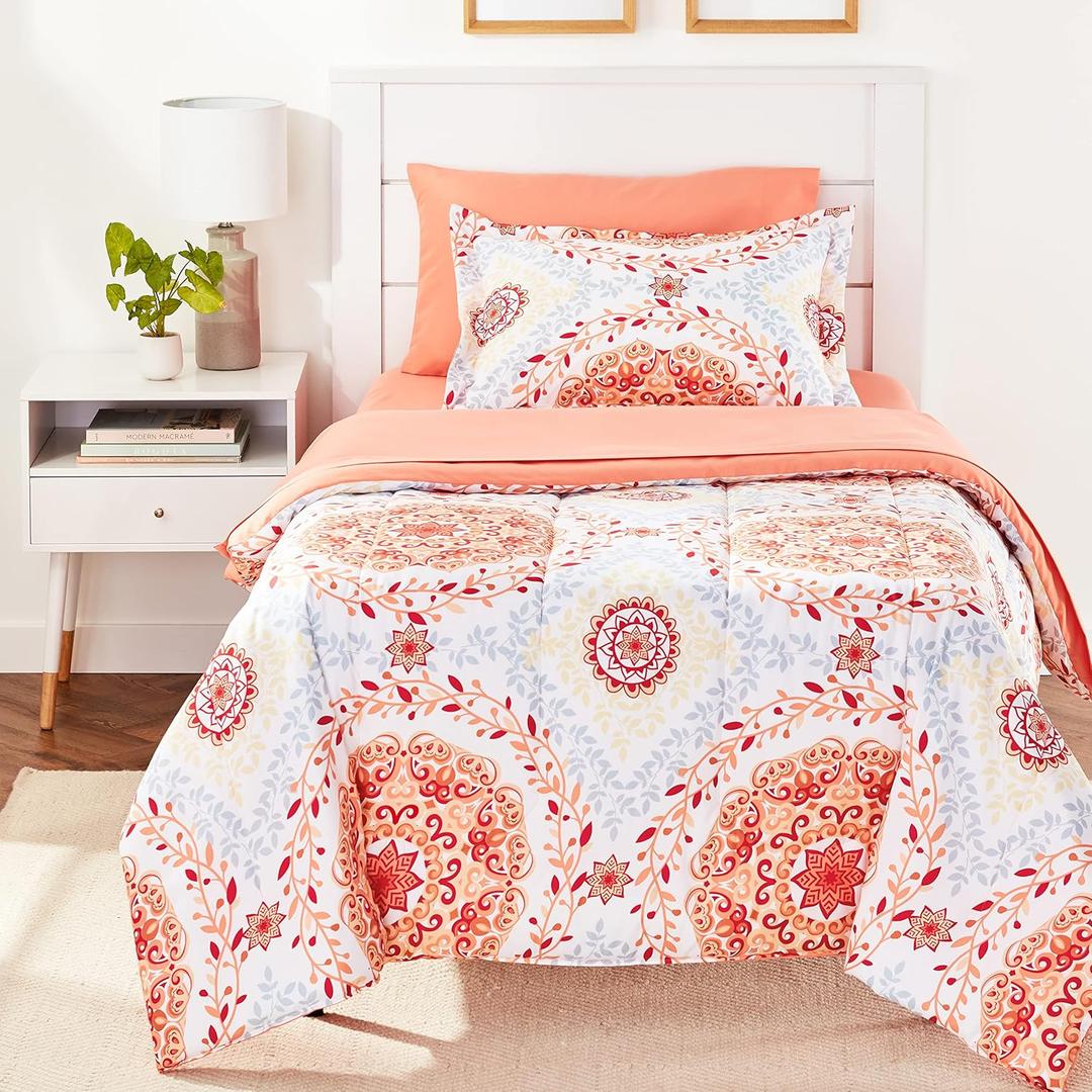 Amazon Basics Twin/Twin XL Comforter Set with Printed Sheets, 5-Piece Coral Medallion Bedding, Lightweight Microfiber Bed-in-a-Bag