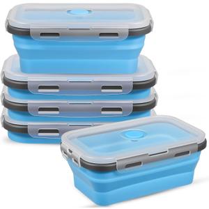 Kifmurase 5 Pcs Foldable Silicone Food Containers with Lids, Leak-Proof Foldable Storage Bowls Silicone Lunch Containers for Leftover, Dishwasher, Microwave Freezer Safe (27oz, Blue)