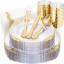 Nervure 175PCS Clear Gold Plastic Plates - Gold Disposable Dinnerware Set for 25 Guests Include 50 Disposable Plates, 75 Plastic Silverware, 25 Cups, 25 Napkins for Wedding & Party