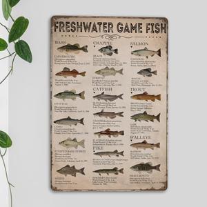 Boy's Fishing Gifts Vintage Fresh Water Gamefish Knowledge Tin Sign for Man Cave Boys Hunting Room Bedroom Lake House Cabin Wall Art Decor 10.5x7 inch