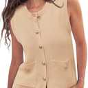 Saodimallsu Womens Summer Cropped Sweater Vest Sleeveless Button Ribbed Knit Crew Neck Cardigan Vests Top with Pockets (Beige)