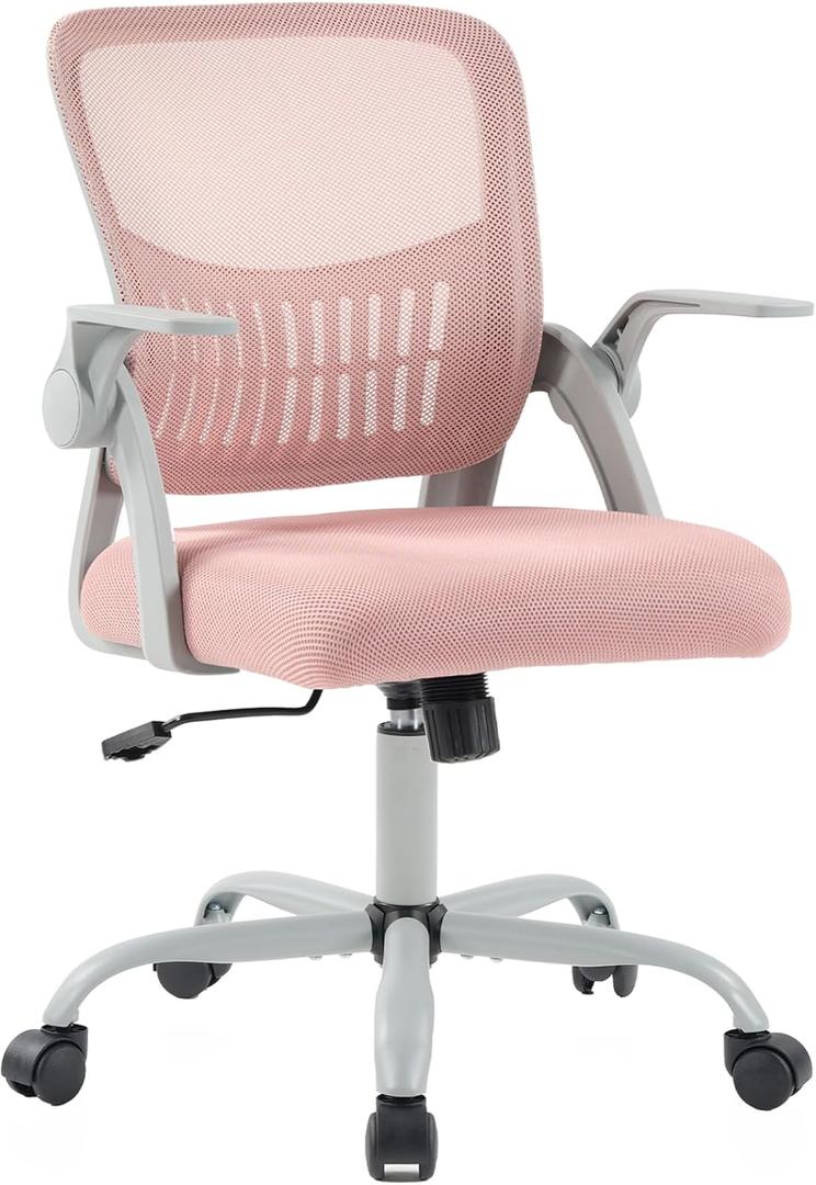 DUMOS Home Office Computer Chair - Ergonomic Mid Back Desk with Lumbar Support and Rocking Mode, Height Adjustable with Flip-up Armrest, for Conference Meeting Room, 360 Swivel, Adults, Pink