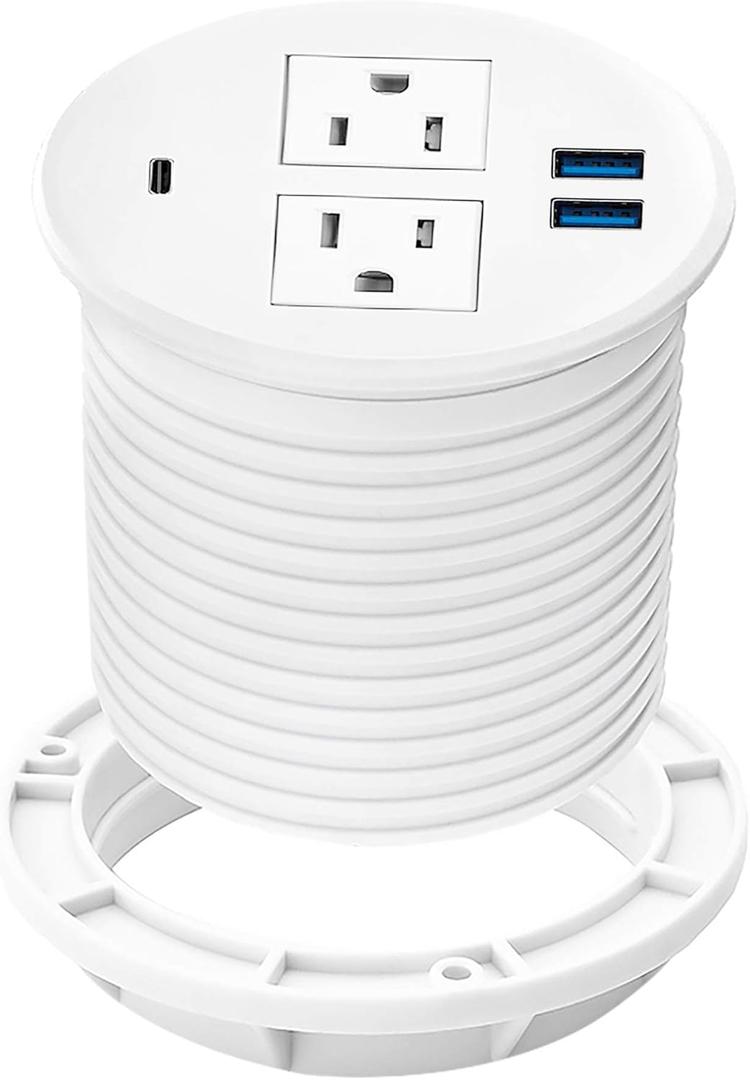 Kungfuking Desktop Power Grommet with PD 20W USB C,Recessed Power Strip with USB Port, Desk Outlet Socket with USB C,2 AC Outlets and 3 USB Charging Port 6.56 FT Extension Cord (White)