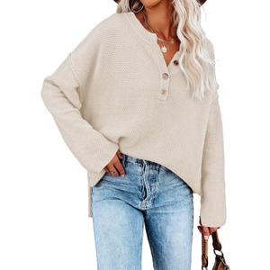 Pink Queen Women's V Neck Button Sweater Oversized Batwing Long Sleeve Henley Pullover Knit Jumper Top (Medium, Beige)