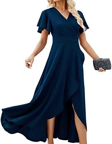 Long Black Formal Dresses for Women Gowns Evening Party Cocktail Dress,Split Elegant V Neck Wrap Ruffle Wedding Guest Dresses, L