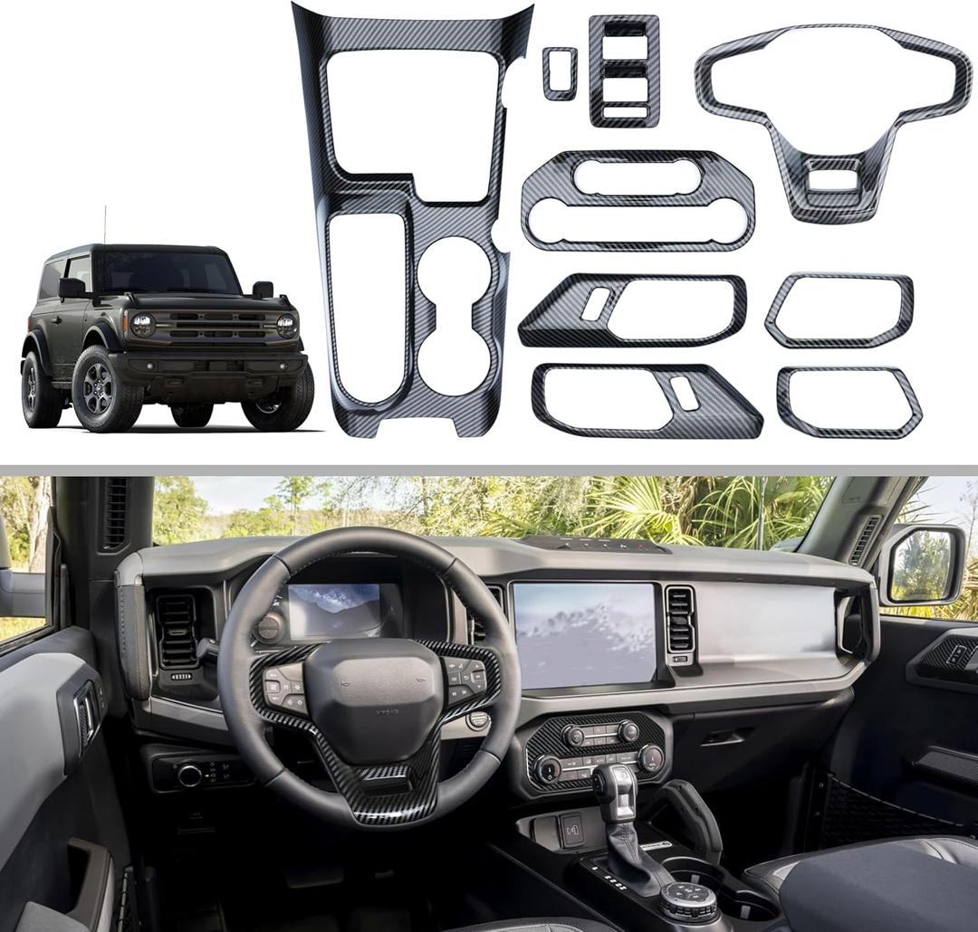 for Ford Bronco Interior Accessories Gear Shift Panel Cover Inner Door Handle Window Lift Panel Trim Compatible for 2021-2024 Bronco Carbon Fiber 9pcs