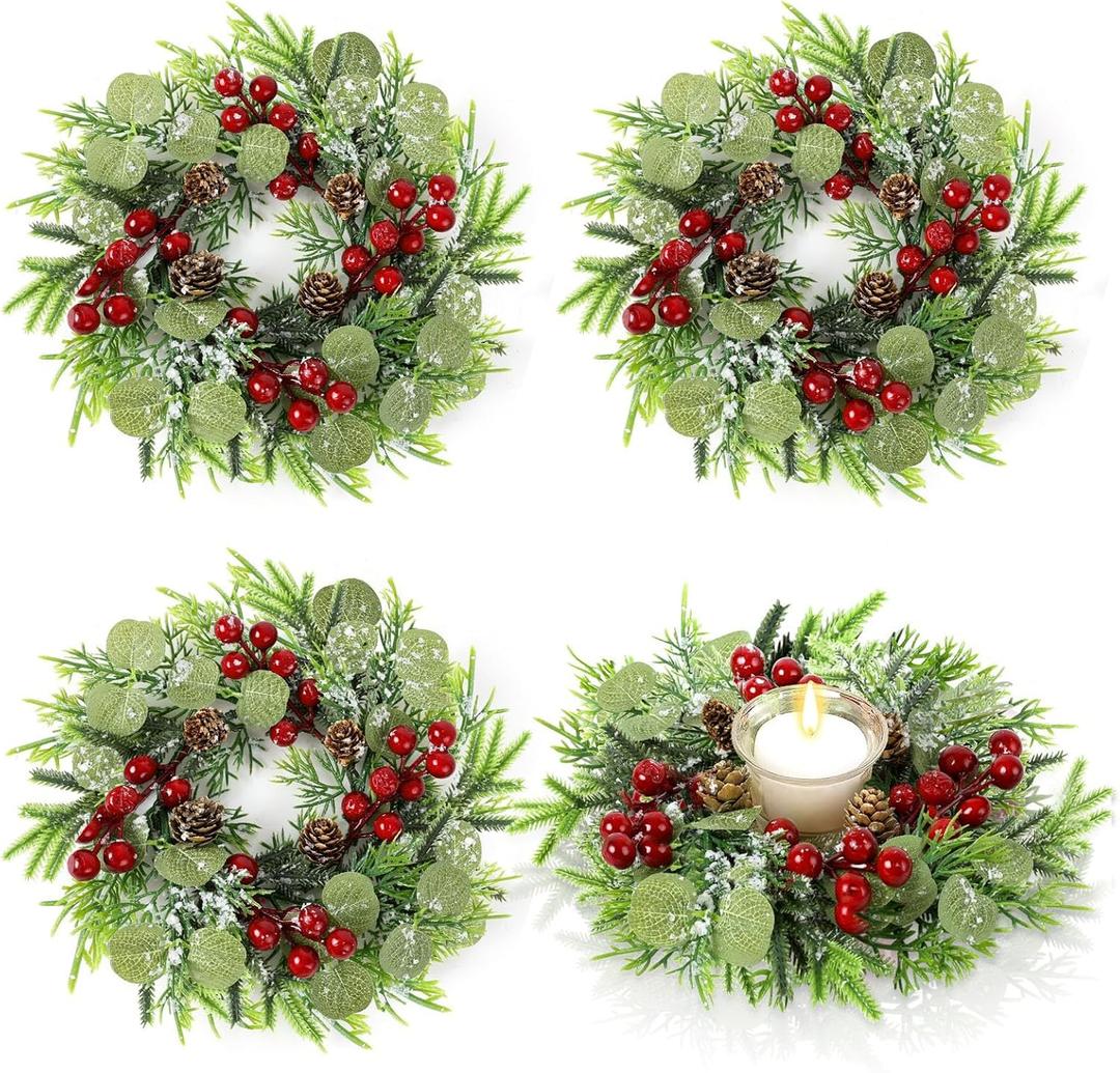 4 Pcs Mini Christmas Candle Rings Wreaths Artificial Christmas Kitchen Cabinet Holder Wreath 3 Inch Red Berry Norfolk Pine Winter Wreath for Pillar Xmas Front Door Window Chair Wall Decor Table Center