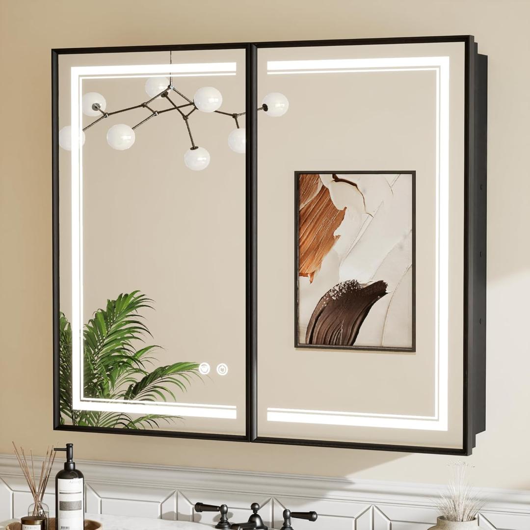 TETOTE Black Lighted Medicine Cabinet Mirror for Bathroom 36 x 30 Led Medicine Cabinet Recessed or Wall Mounted with 2 Door, Tempered Glass, 2 Outlets, 3-Color Dimming, Anti-Fog, Adjustable Shelf