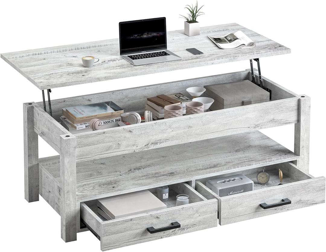 FABATO 47.2" Extra Large Lift Top Coffee Table, Large Coffee Table with Storage Drawers Hidden Compartment, Center Table Lift Tabletop for Living Room, Coffee Desk Rising Tabletop, Gray 