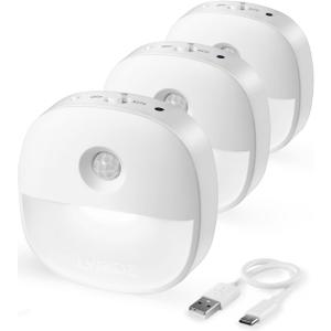 Lyridz Rechargeable Night Light, Motion Sensor Battery Nightlights, Mini Stick-on LED Closet Light, 1-20LM Dimmable Brightness for Bedroom, Kitchen, Washroom, Stairs, Hallway, 3-Pack (A. Cool White)