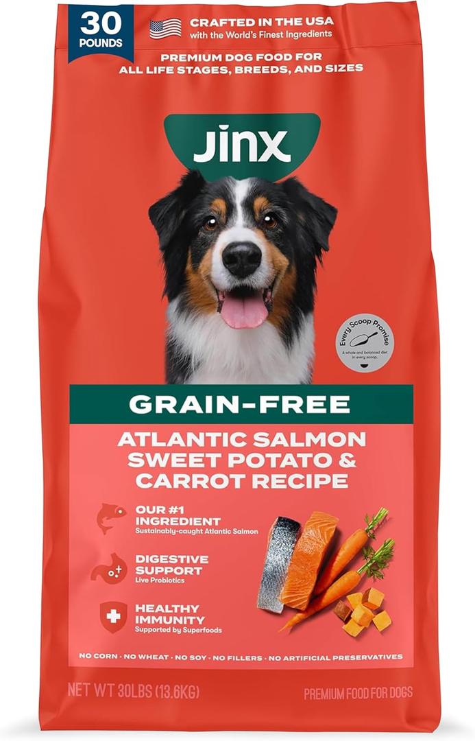 Jinx Premium Grain-Free Dry Dog Food, for All Lifestages - Real Salmon, Sweet Potato & Carrot Kibble with Superfoods for Immune Support & Probiotics for Digestive Support - No Fillers - 30lb (30 Pound (Pack of 1)) BB 15 Oct 2026