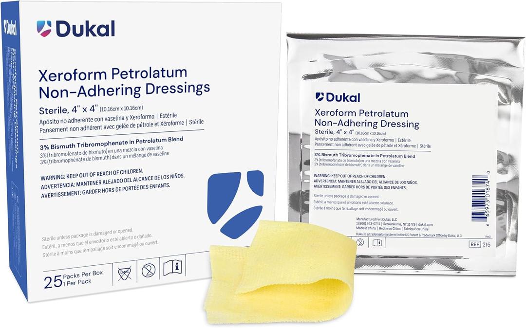 Dukal 215 Alba Xeroform Petrolatum Gauze, Sterile, 4" x 4", Pack of 25