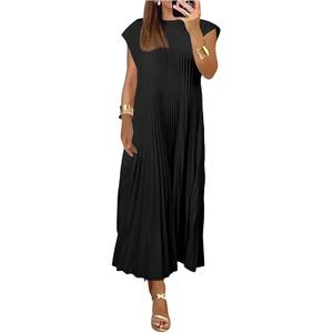 ECOWISH  Women's Pleated Church Maxi Dresses Summer Casual Short Sleeve Crew Neck Flowy Loose Long Sundresses 2025, M