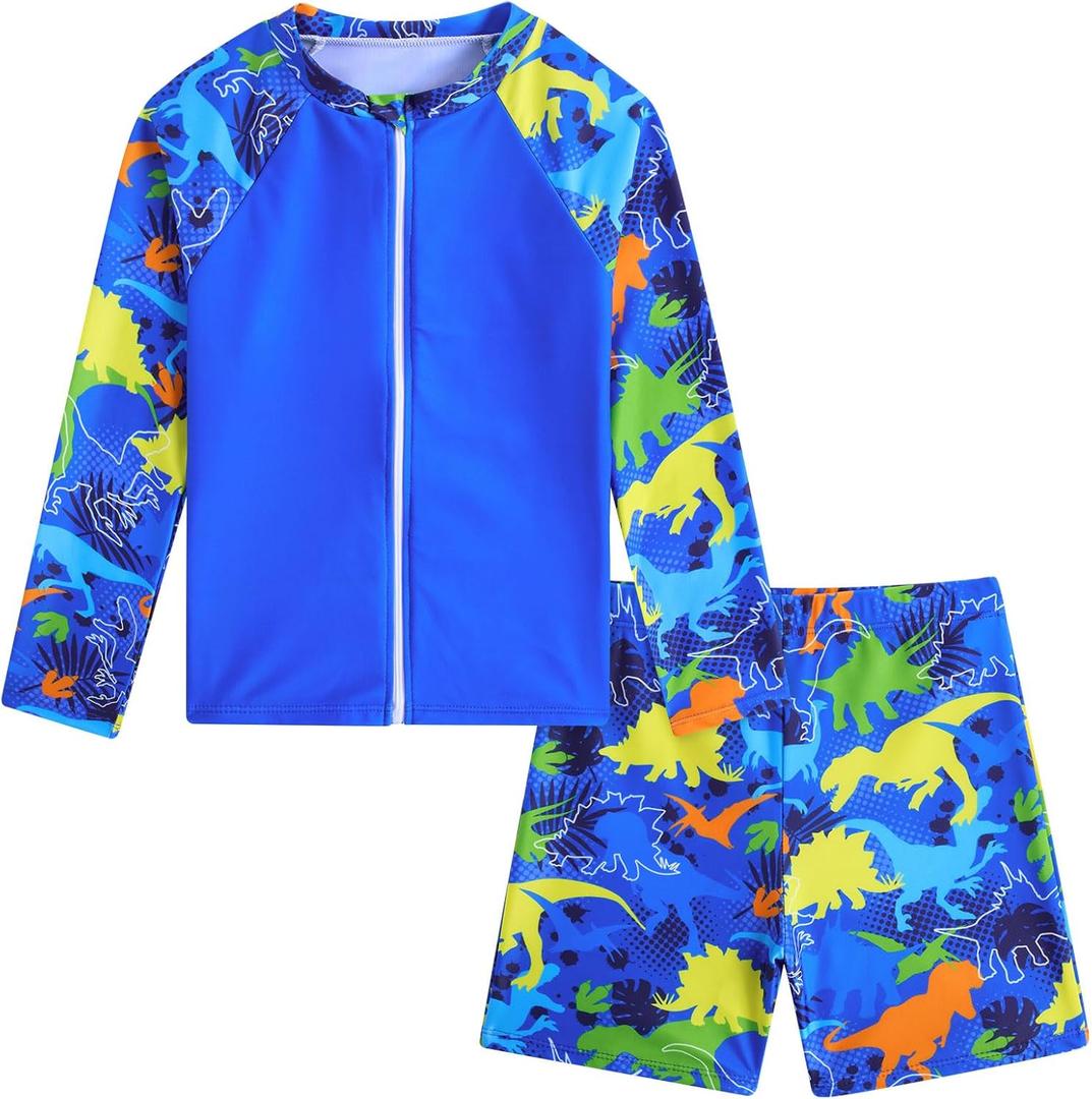 Boys Zipper Rash Guard Sets UPF 50+ with Short 3-9 Years (002 Dinosaur) 
 3-4T