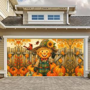 Thanksgiving Scarecrow Garage Door Banner 13x6ft Pumpkin Harvest Decor Family Gathering Outdoor Indoor Photo Background Fall Leaves Cardinal Party Decorations Mural Decorations