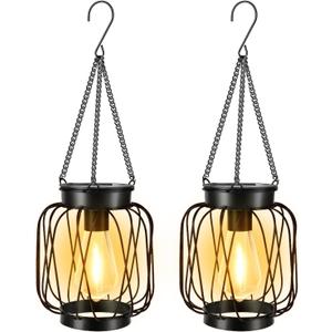 Solar Lanterns Outdoor 2 Pack, Metal Solar Hanging Lanterns with Hook - Outdoor Hanging Lantern Lights Waterproof, Bright Warm Lantern Decor for Outside Garden Yard Patio Pathway