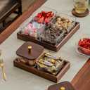Square Glass Snackle Box Container Snack Organizer and Fruit Platter with Walnut Wooden Lids and Tray Divided Serving Tray for Nuts Candy Fruits (4 Jars)