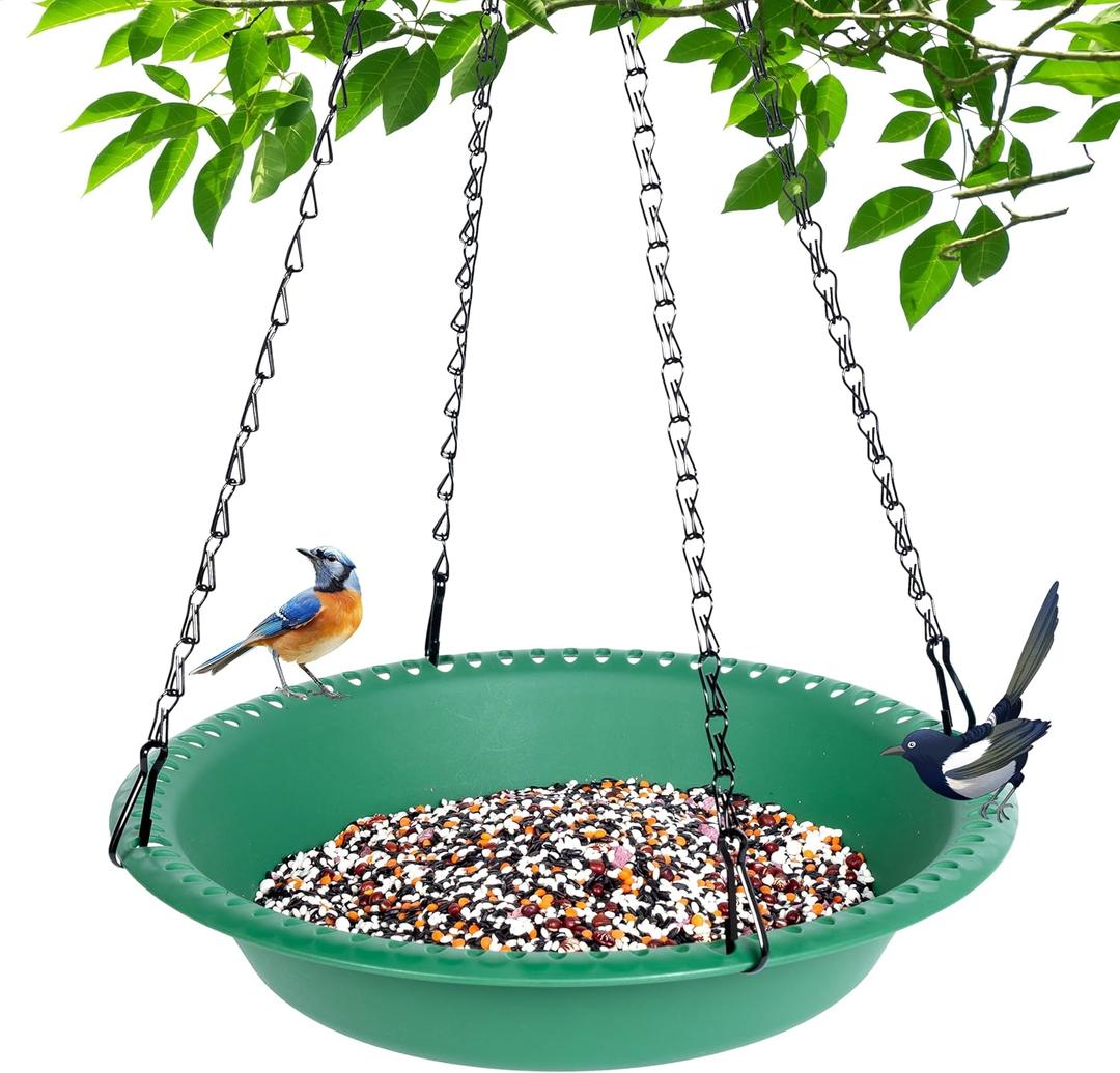 Hanging Bird Feeder for Garden Yard Outside, Bird Seed Catcher Tray, Rugged Recycled Feeding Station (16 inch, Green)
