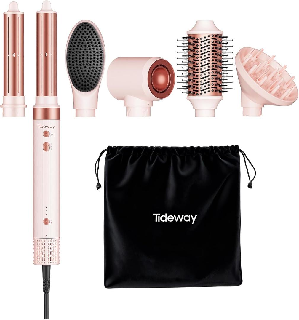 Tideway Prowaver 6-in-1 Hot Air Styler Wrap Dual Voltage Ionic Professional Hair Dryer Brush with Auto Wrap Curlers &Volumizing Brush for Fast Drying& Frizz Free Hair with No Heat Damage for Women