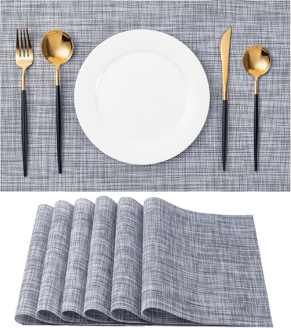 Placemats Set of 6 Washable Indoor/Outdoor Vinyl Place Mats for Dining Table Durable Non-Slip Heat Resistant PVC Weave Table MatsGray