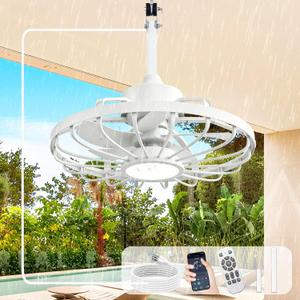 Outdoor Ceiling Fans with Lights: 20" Waterproof Plug-in Ceiling Fan with Remote App Control - Gazebo Caged Hanging Fan for Patios Porch Pergola 6 Speeds Reversible - White