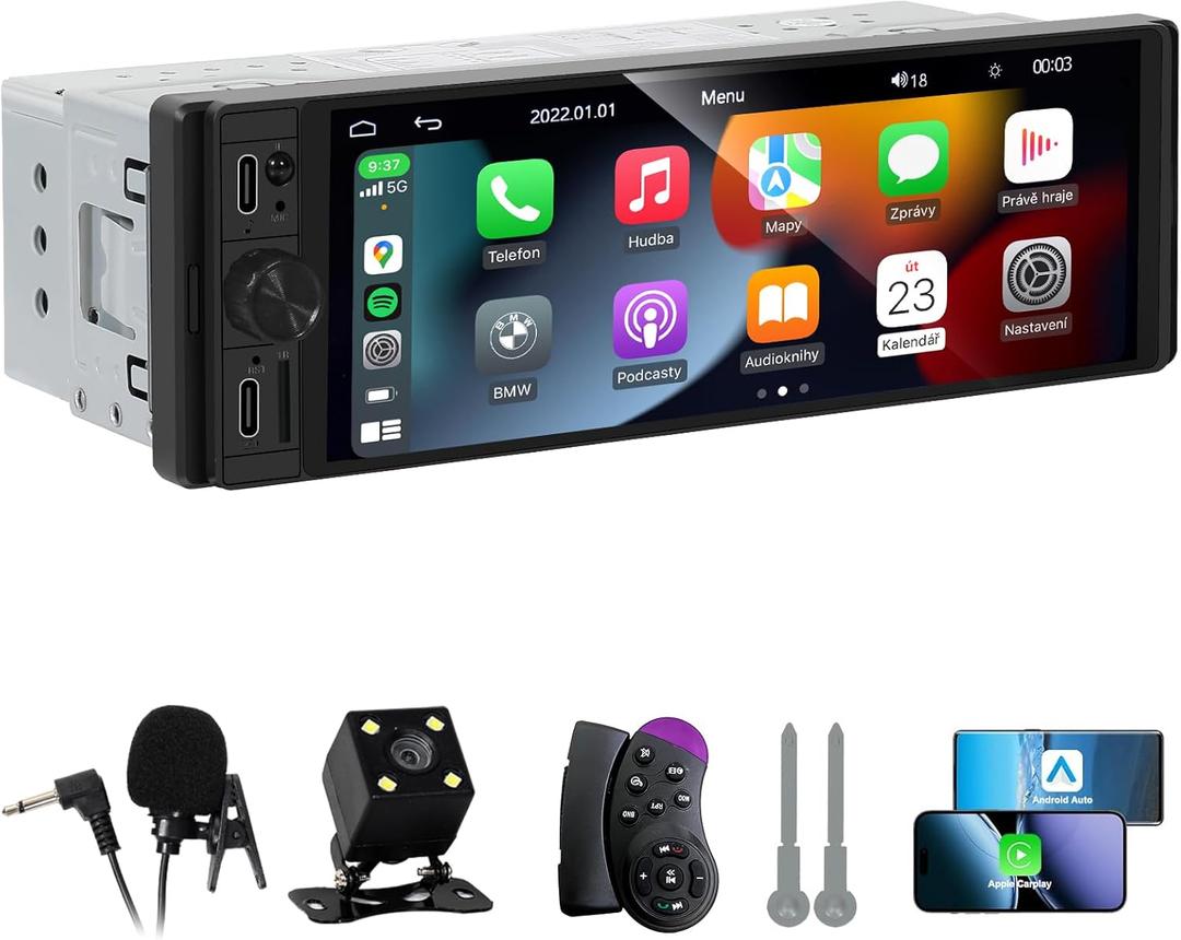 DINRGO Single Din Car Radio - Car Stereo with Wireless Apple Carplay Android Auto, 6.9" Touchscreen Radio with Bluetooth 5.2 Support Mirror Link, RC，GPS, FM, USB & Type-C Fast Charging, EQ, SWC，MIC