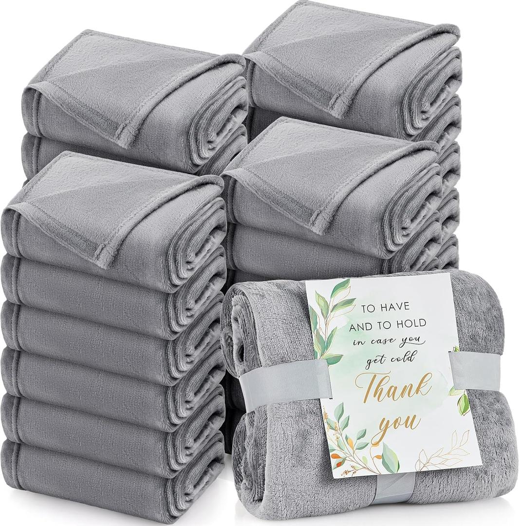 Buryeah 24 Pack Flannel Throw Blanket Bulk 50 x 60 Inch Soft Blanket with Thank You Cards and Ribbon for Wedding Favors Lightweight Cozy for Bed Sofa (French Grey) 