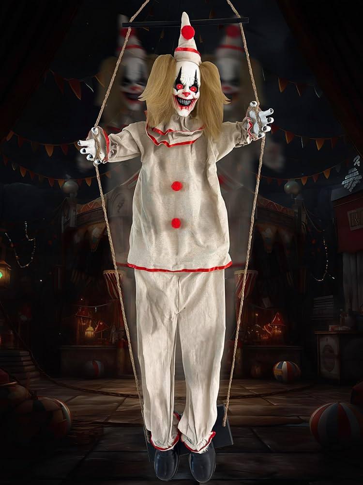 YOKUJITU 55" Halloween Animatronics Clown Decoration Outdoor on The Swing with Sound Activated,Hanging Animated Clown with Light-up Eyes for Halloween Haunted House Prop Décor,Indoor,Lawn Decor