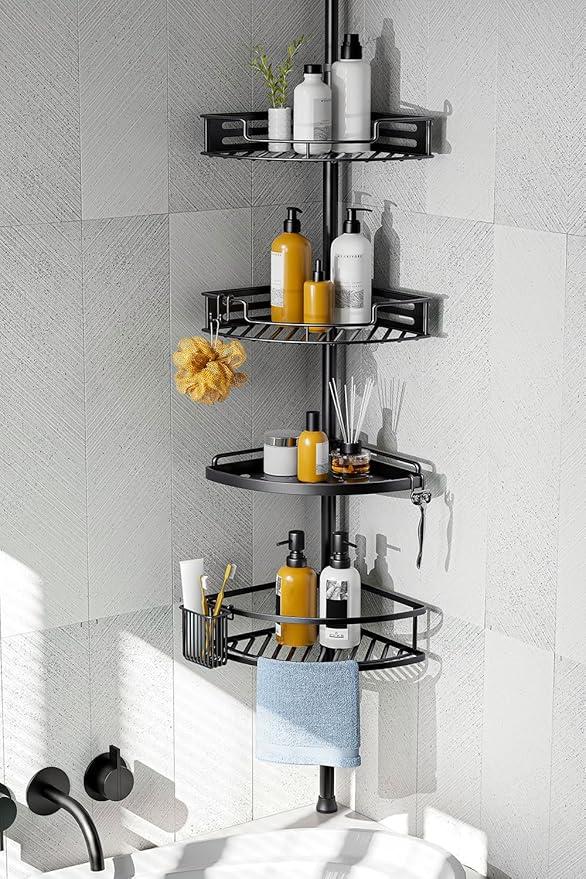 HAMITOR Corner Shower Caddy Tension Pole: Quick Installation 4-Tier Rustproof Bathroom Organizer Shelves for Bathtub Shampoo Storage - 47-121 inch Adjustable Floor Standing Bath Rack Holder - Black