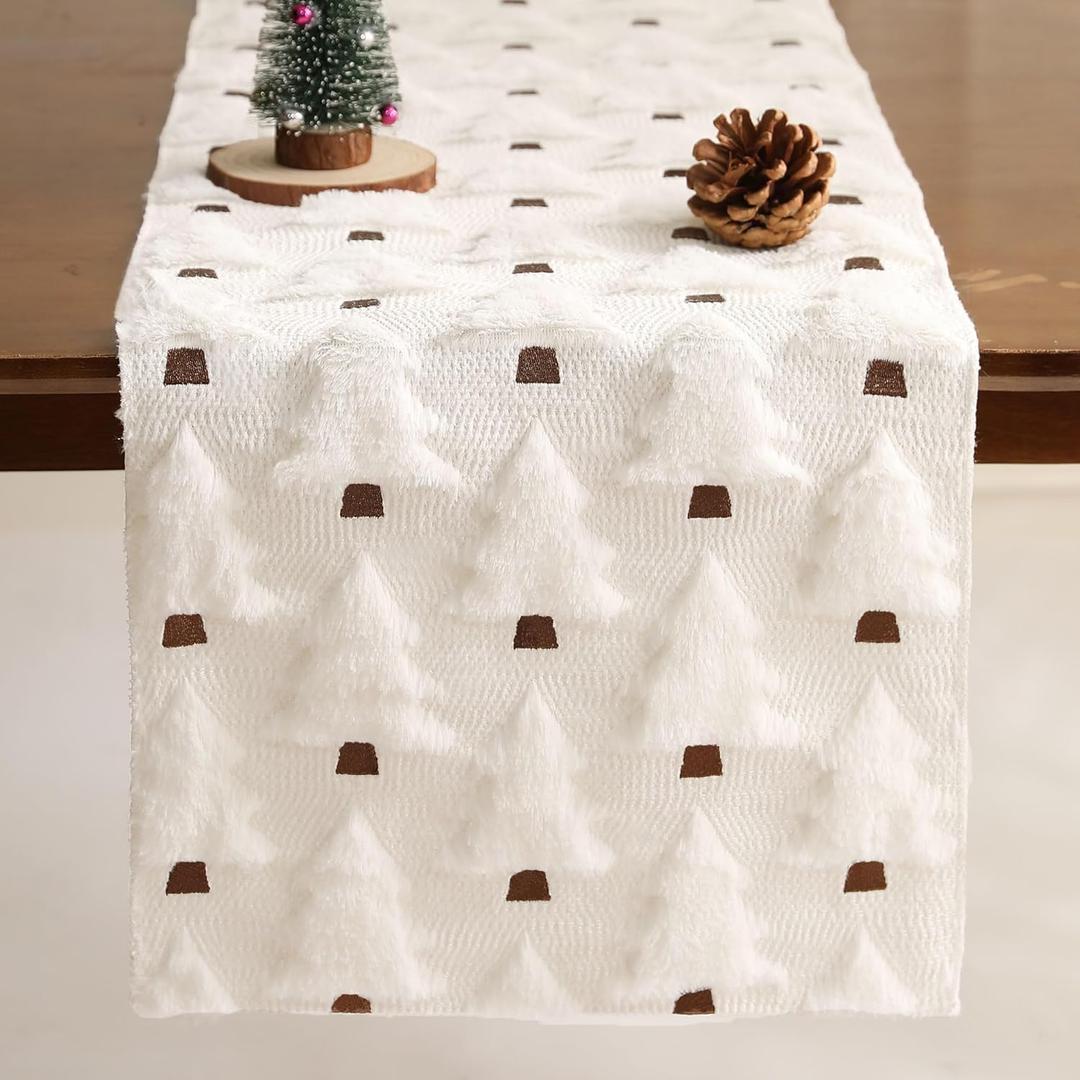 WKJZH Christmas Table Runner 13x72 Inch Soft Plush Faux Fur Jacquard CreamWhite Christmas Tree Table Runner, Seasonal Autumn Kitchen Dining Table Decoration for Home Party Decor ZR001D72
