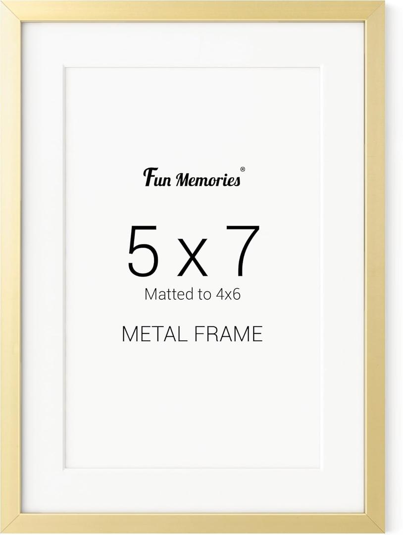 Fun Memories 5x7 Metal Picture Frame - 5 x 7 Metal Photo Frames with 4x6 Removable Mat- Ideal for Wall or Tabletop Display - Wall Hook Hanging Hardware Included (Gold, 1 Pack)