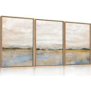 HLNIUC Large Abstract 3 Piece Wall Art 16x24, Neutral Distant Mountain Wall Decor, Watercolor Beige Dusty Nature Landscape Painting, Modern Pastel Scenery Art Prints for Living Room, Bedroom, Office (16L" x 24W")