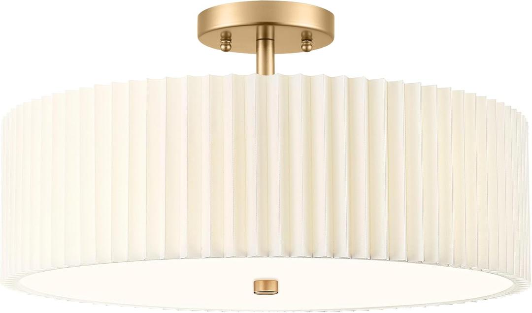 Gold Semi Flush Mount Ceiling Lights, 4-Light 18" Ceiling Light Fixture with White Pleated Fabric Shade, Drum Lamp for Nursery Hallway Bedroom Kitchen, AD-25036-4SF-GD