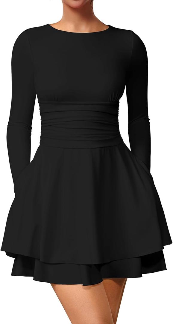 XXTAXN Women's Sexy Crew Neck Long Sleeeve Flowy Hem Cocktail Club Corset Mini Dress with Side Pocket (Large, Black)