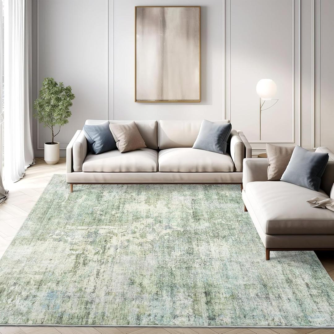 Abstract Rug 5x7 Machine Washable Area Indoor Green Low Pile Non-Slip Foldable Thin Accent Rugs for Bedroom Living Room Dining Room