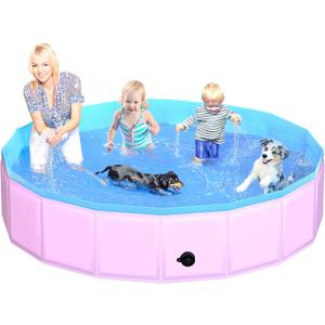 CACSPS Foldable Dog Pool, 87" x 12" Kiddie Pool with Hard Plastic, Non-Slip Dog Bath Tub for Outdoor Backyard, Collapsible Dog Swimming Pool for Kids Dogs Pets (Pink)