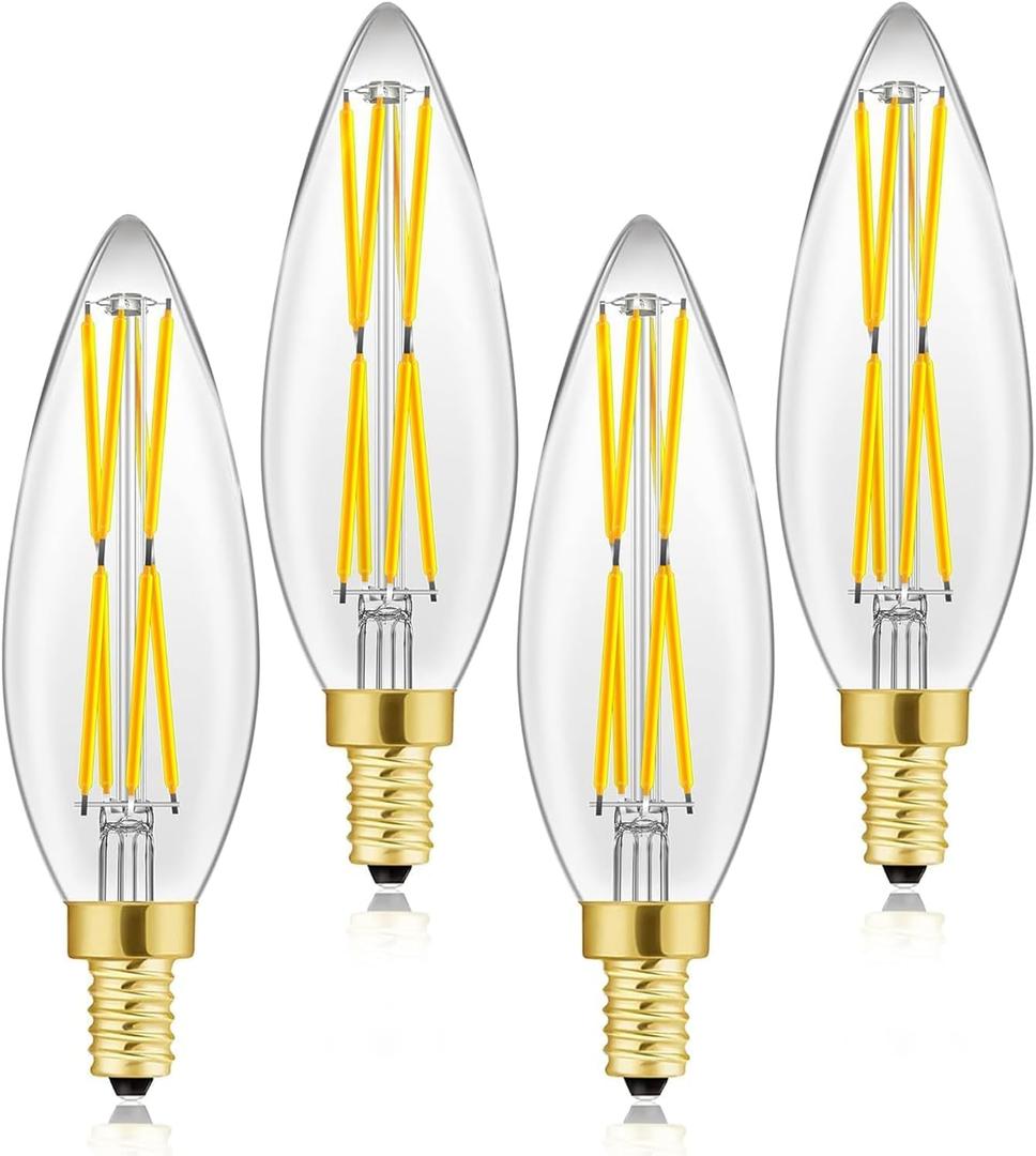 E12 Edison 8W LED Bulb, 100 watt Equivalent Candelabra Dimmable Chandelier Light Bulbs 3000K Soft White Clear 850lm E12 Vintage LED Filament Vintage Candle Bulb with Decorative,4-Pack. (3000k)