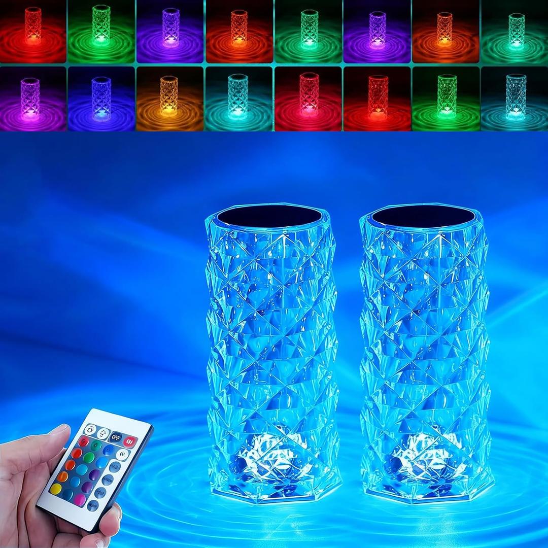2Pack Crystal Table Lamp (Touch & Remote), 4 Modes 16 Color Changing Night Light, Rechargeable, Dimmable, RGB Rose Diamond Mood Lighting, Protable Cordless Desk Lamp for Bedroom Living Room Party