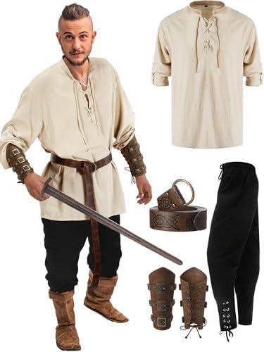 Jiuguva 4 Pcs Halloween Men's Renaissance Costume Set Medieval Pirate Shirt Ankle Banded Pants Viking Belt Accessories XXL Jiuguva 4 Pcs Halloween Men's Renaissance Costume Set Medieval Pirate Shirt Ankle Banded Pants Viking Belt Accessories XXL