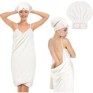 Lounsweer Women Wrap Towel and Hair Drying Towel Set Wearable Halter Bath Robe with Adjustable Strap Body Sling Bathrobe Dress After Shower Absorbent Wet Hair Wrap for Women Shower(White)