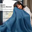 Yoofoss Muslin Blanket 100% Organic Cotton Large Twin Size 60" x 80" for Bed Couch Summer Gauze Blanket for Adults Lightweight and Breathable Dark Blue