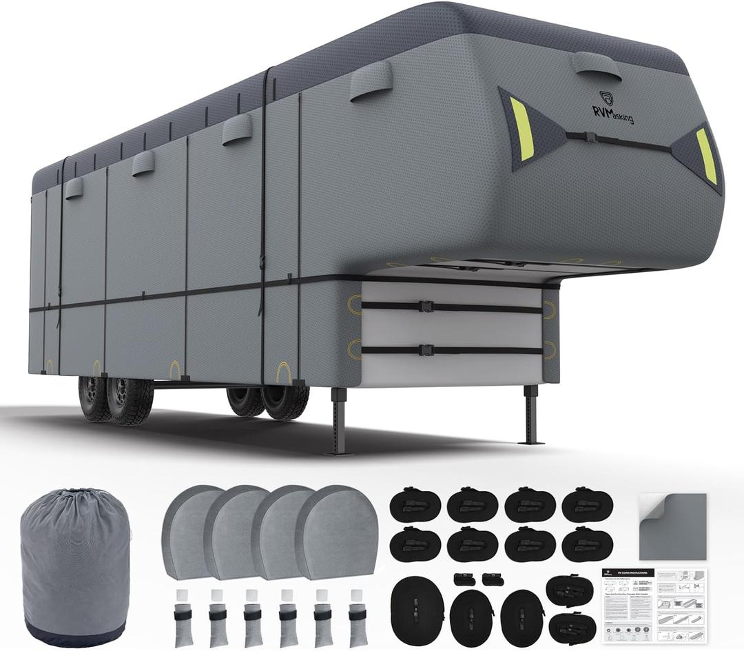 RVMasking 5th Wheel RV Cover, 40'1"-43' Heavy Duty 7 Layers Top Fifth Wheel Cover with 4 Tire Covers, Windproof Rip-Stop Anti-UV Trailer Cover, Dark Gray RVMasking 5th Wheel RV Cover, 40'1"-43' Heavy Duty 7 Layers Top Fifth Wheel Cover with 4 Tire Covers, Windproof Rip-Stop Anti-UV Trailer Cover, Dark Gray