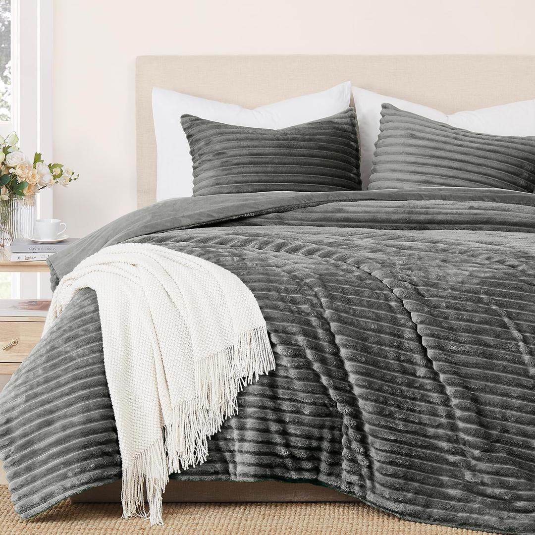 Geniospin Fleece Queen Comforter Set, Soft Fuzzy Queen Bedding Sets, 3-Pieces Gray Comforter Set for All Season, Warm Fluffy Comforter with 2 Pillow Cases (Queen (90"x90"))