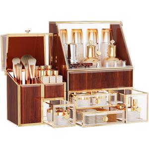 Glass Makeup Storage for Vanity and Bathroom Countertop  Large Cosmetic Display Case and Skincare Storage Solution (golden yellow)