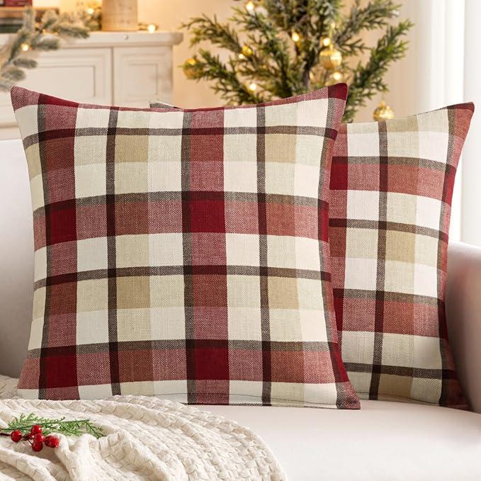 MIULEE Pack of 2 Decorative Throw Pillow Covers Checkered Plaids Tartan Linen Rustic Farmhouse Square Cushion Case for Bench Sofa Couch Car Bedroom Coffee and Brown 18x18 inch 45x45 cm
